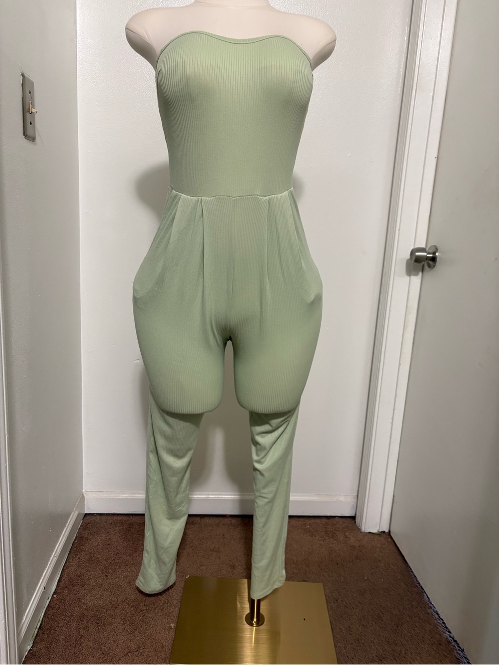 Heart & Hips Strapless Ribbed Light Sage Jumpsuit